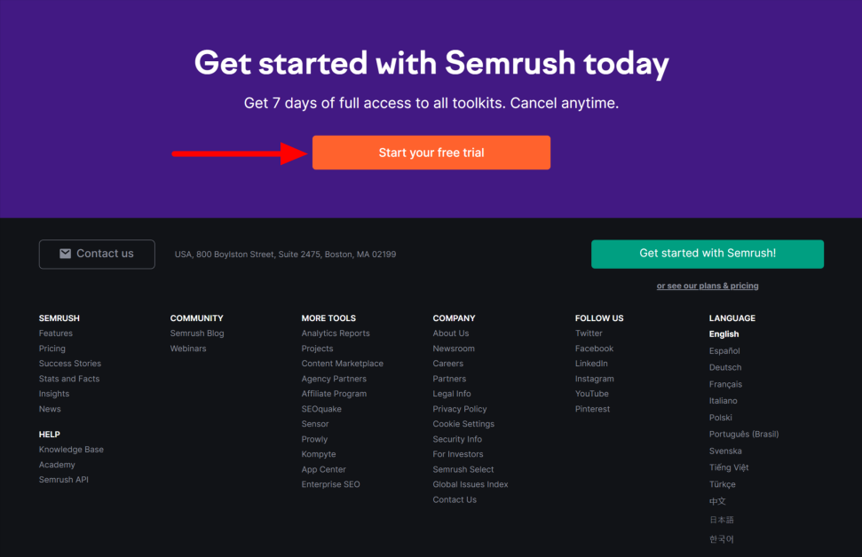 Selecting the Start your free trial button on the Semrush homepage.