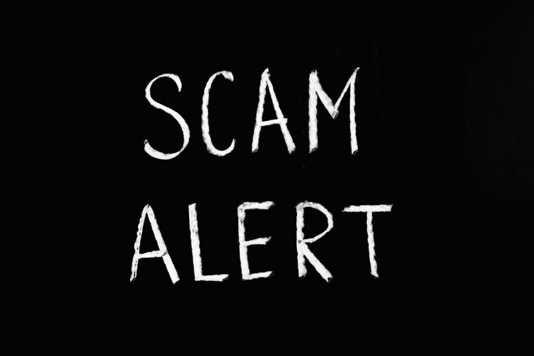 Black and white image saying scam alert