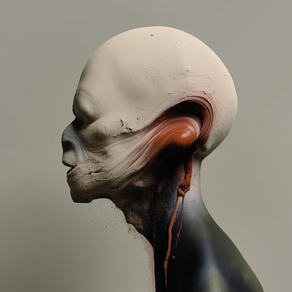 a strange alien like head is seen in profile with painterly touches