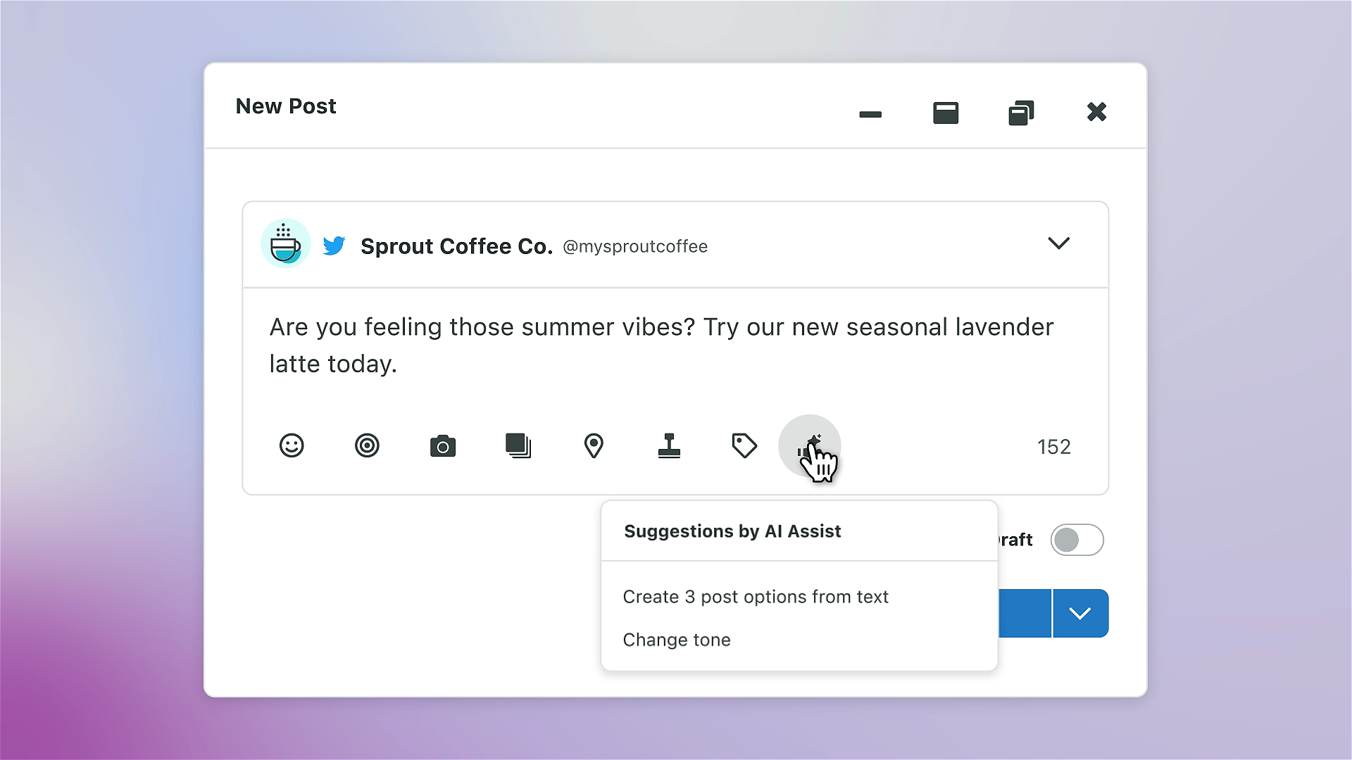 A screenshot of Sprout's AI Assist feature in a compose window, where users can create 3 post options from text or change the tone of a post with the help of AI. 