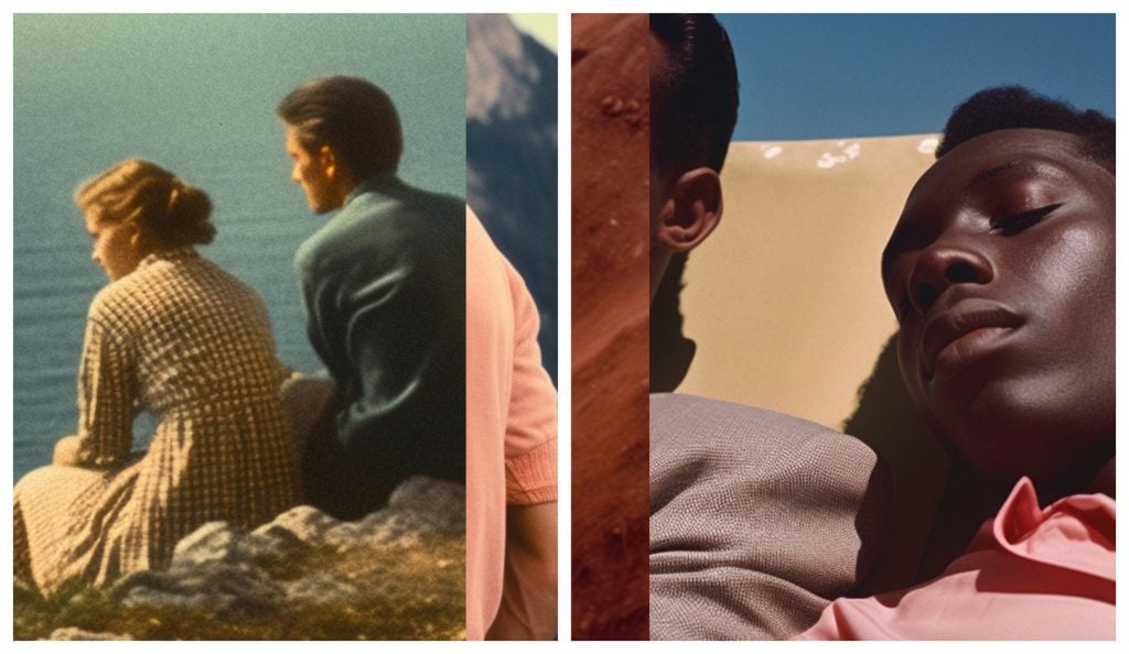two images side by side, one looks like an old photo of a couple from behind looking out to sea and the other is a close up of a man sleeping with the ear of another man showing someone is next to him