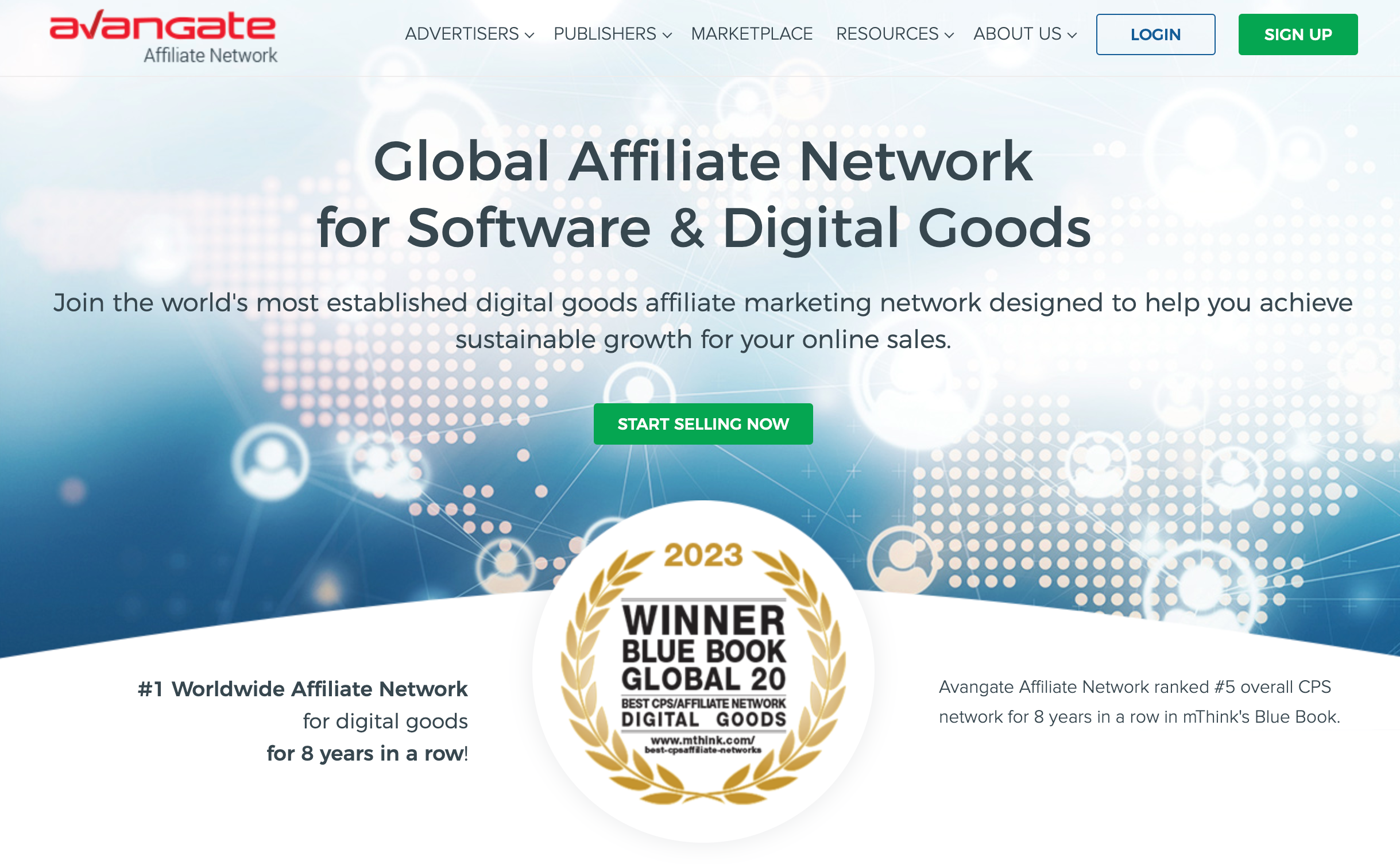 Avangate affiliate network with 2023 Blue Book Award icon.