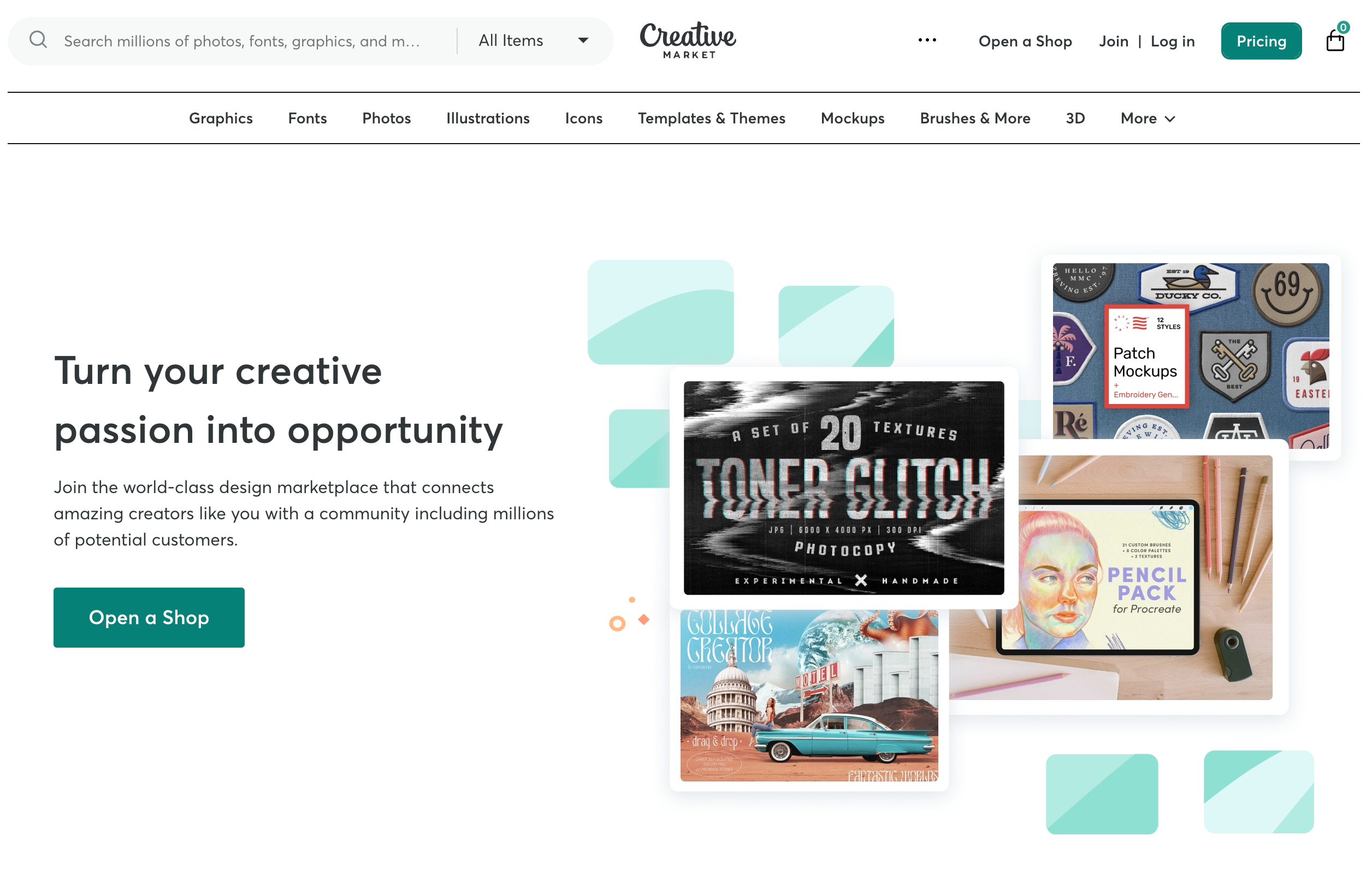 creative market homepage showing a collage of exmaple websites