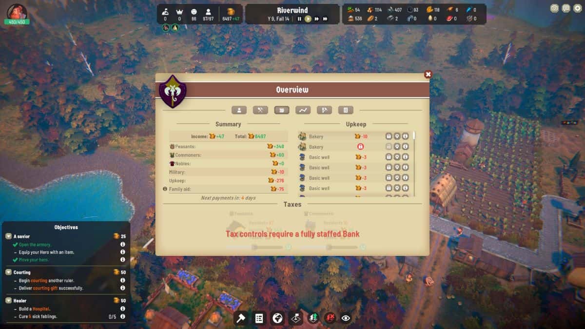 A city-building game interface showing an overview of resources and economy, reminiscent of the legendary kingdom of Fabledom. The summary includes income, upkeep, and population details with a notification: 