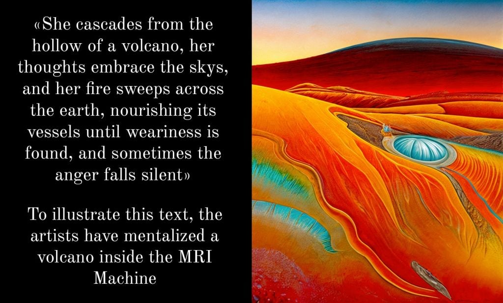 A surreal image of a volcano colored in oranges and greens on the right, with a textual description of the image on the left.