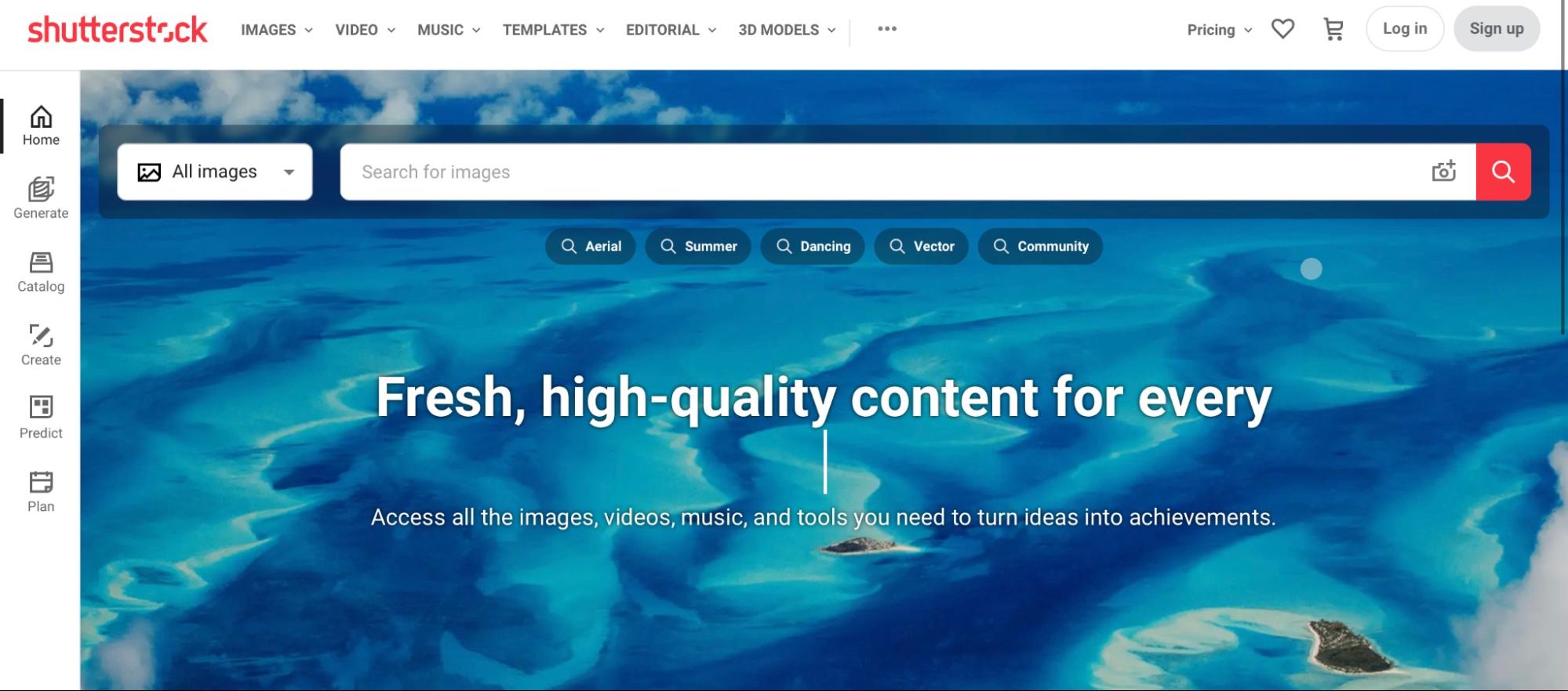 Shutterstock homepage featuring a search bar and background image of the ocean