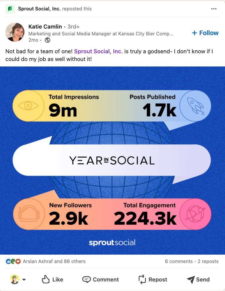 An example of Sprout Social reposting user-generated content on LinkedIn.