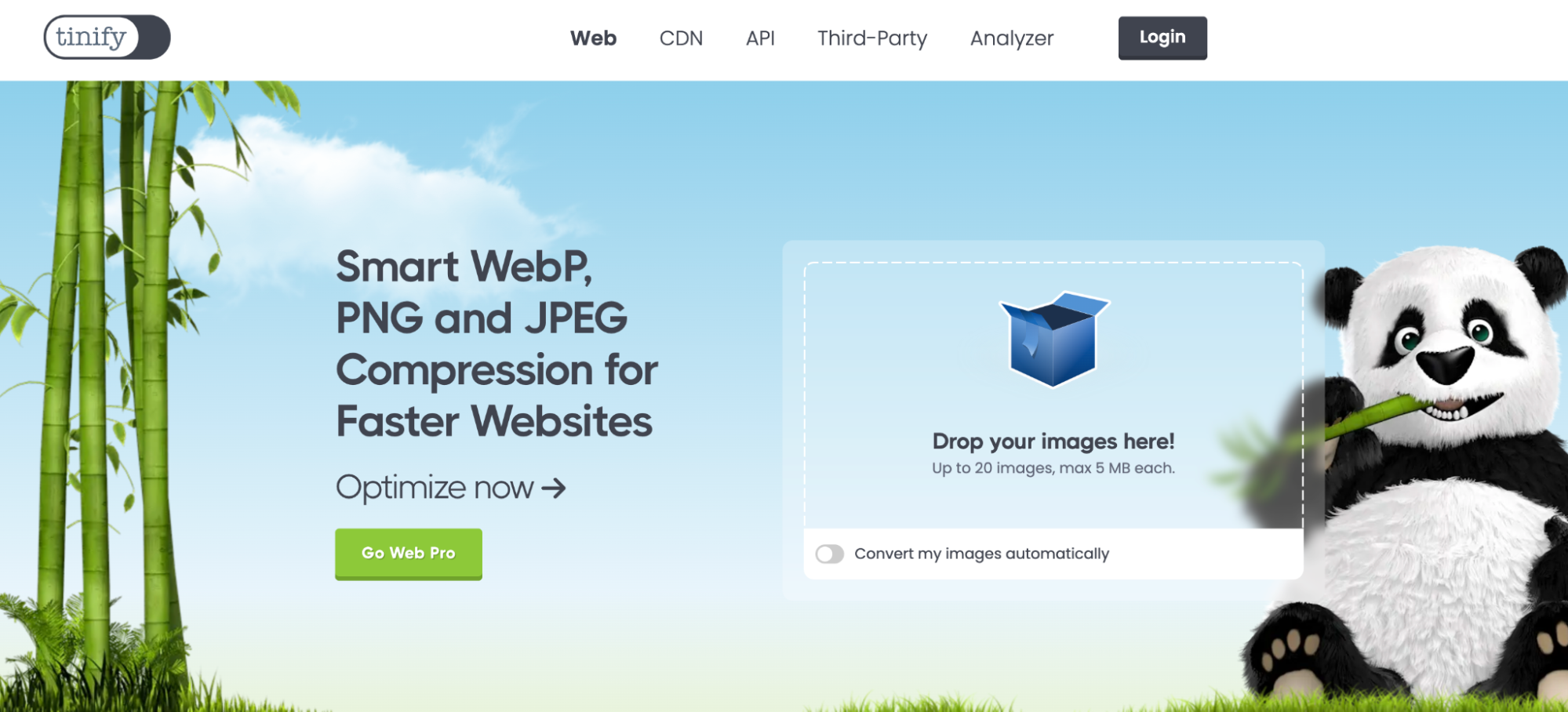 Image of TinyPNG’s homepage with option to drop images for conversion