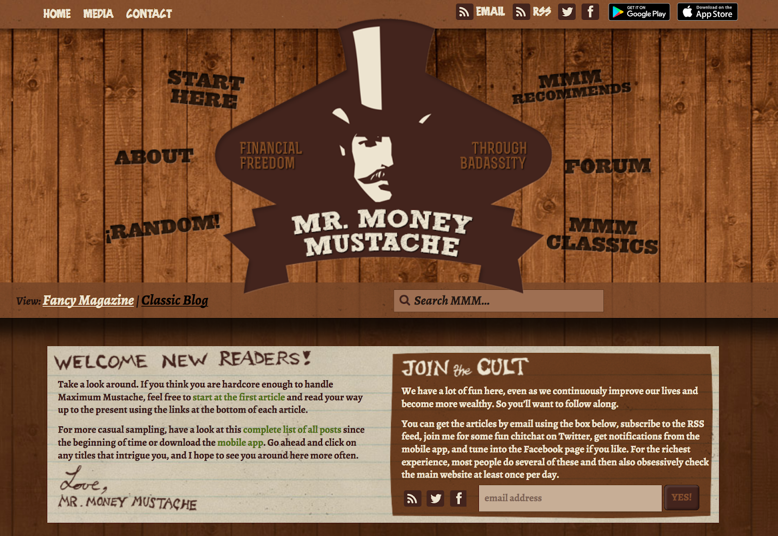 Mr. Money Mustache blog homepage. An example of a great online business idea.