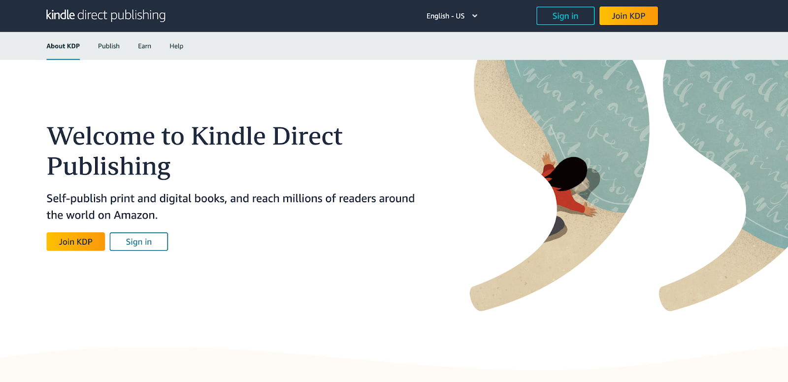 The Kindle Direct publishing homepage. Self-publishing a book can be a lucrative side business idea.