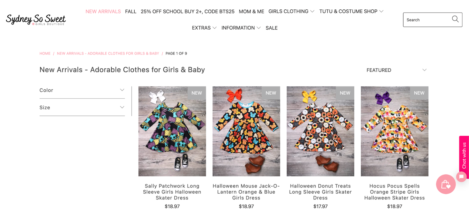 Sydney So Sweet new arrivals product page of 4 similar toddler dresses.