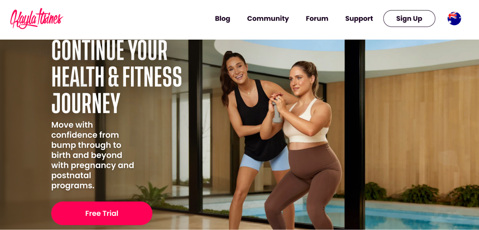 Kayla Itsines website homepage with free trial button and trainer smiling.