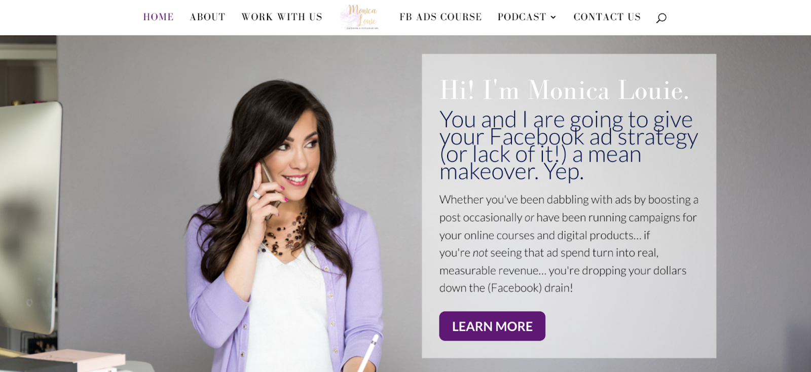 Monica Louie’s consulting website. An example of how consulting can be a lucrative online business idea.