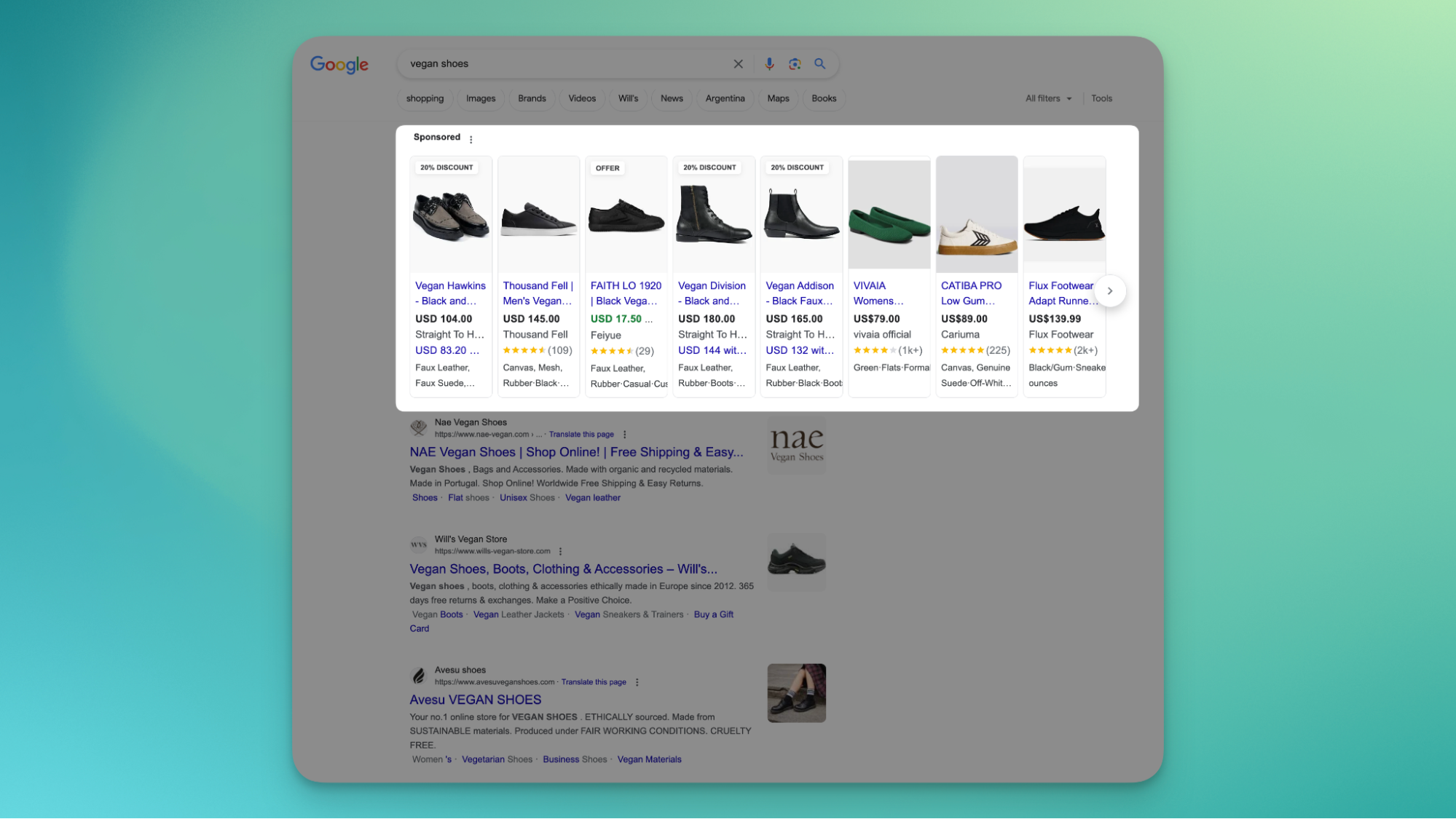 Google search results for the query “vegan shoes” with highlighted paid search options