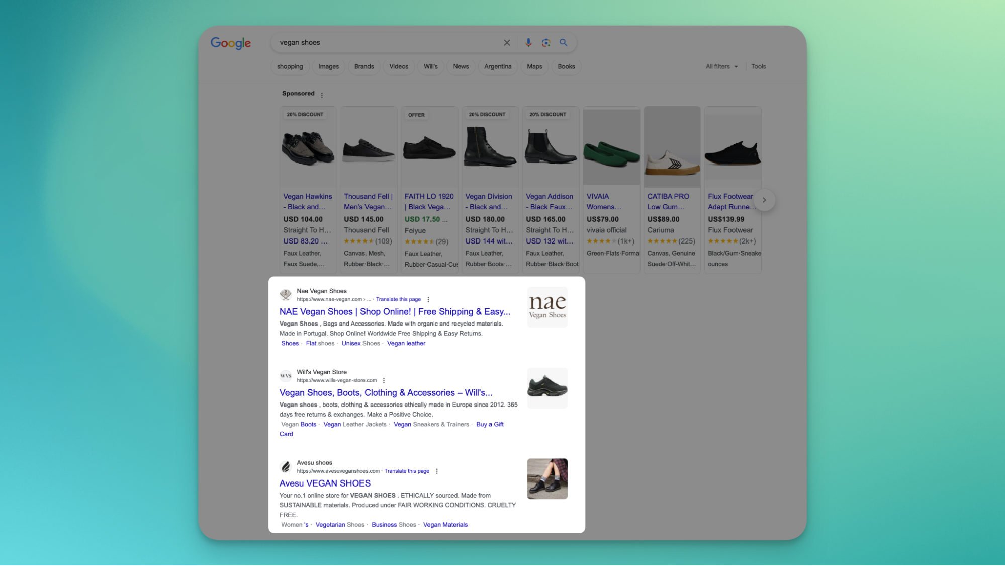 Organic search results for the query “vegan shoes” on Google