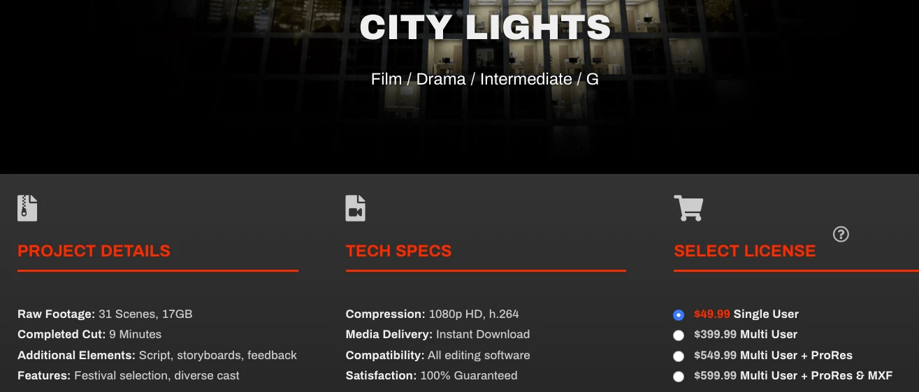 Product page for downloadable films with sections on project details, tech specs, and license pricing.