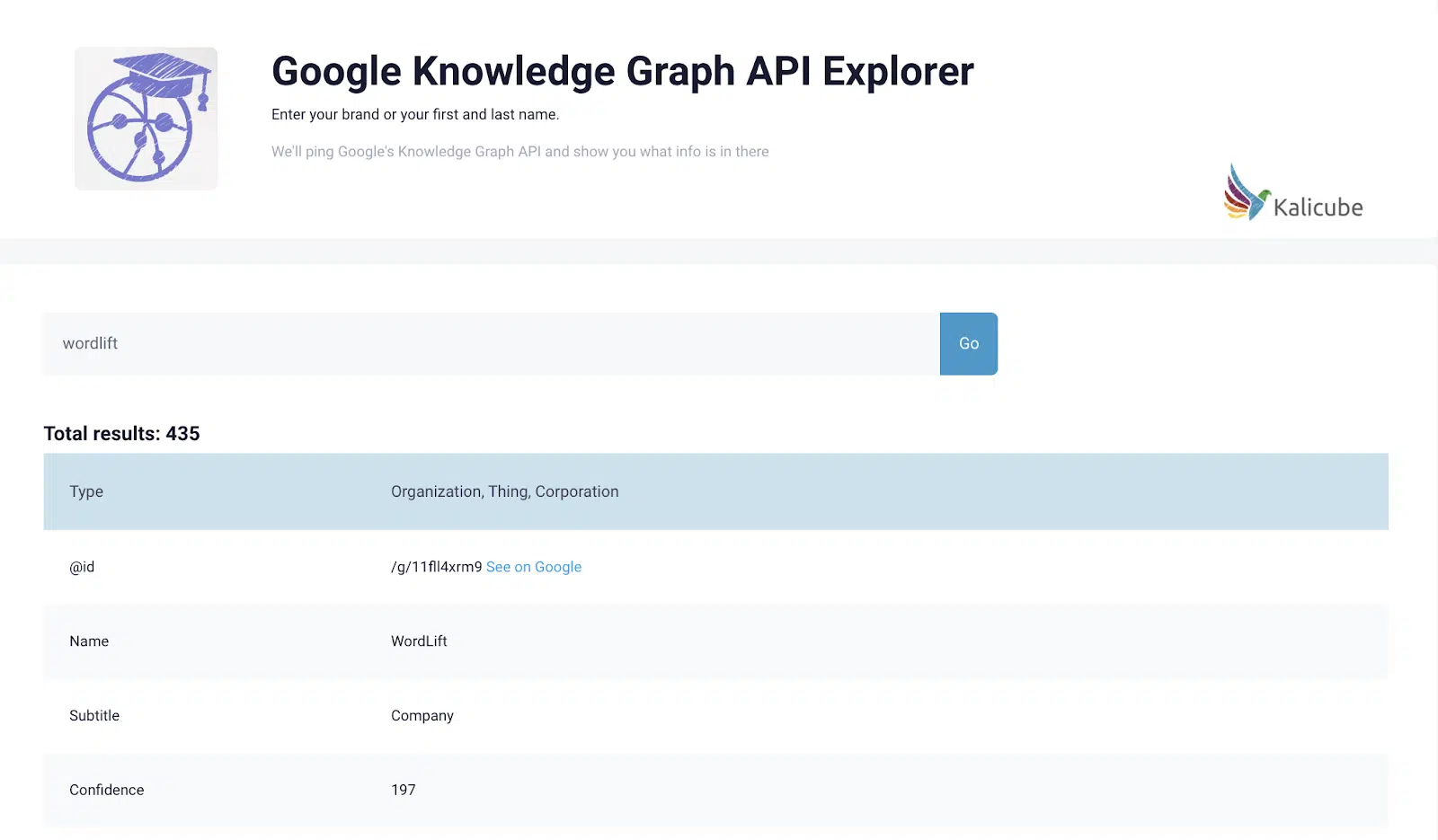 Google Knowledge Graph API Explorer