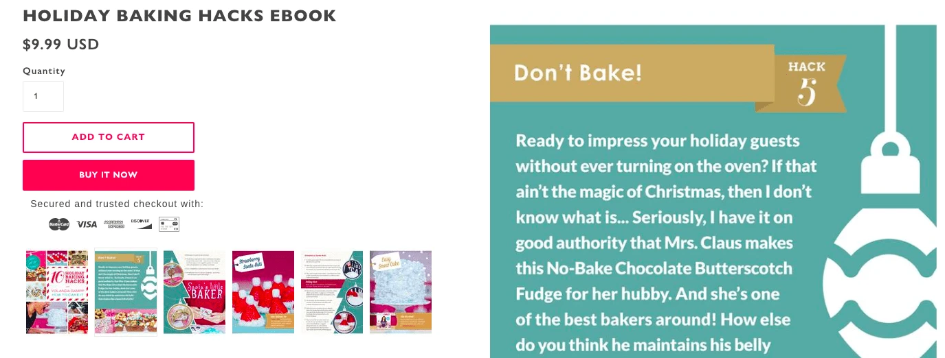 Product card for a baking ebook with images, a buy button, and a product description.