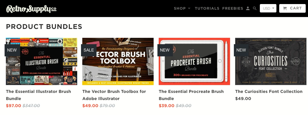 Illustrator digital product bundles shown at discounted prices.
