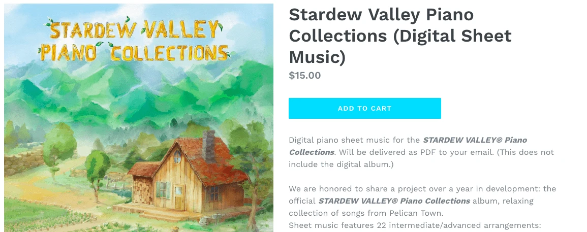 Image of an idyllic cabin in the mountains next to product information for digital sheet music.