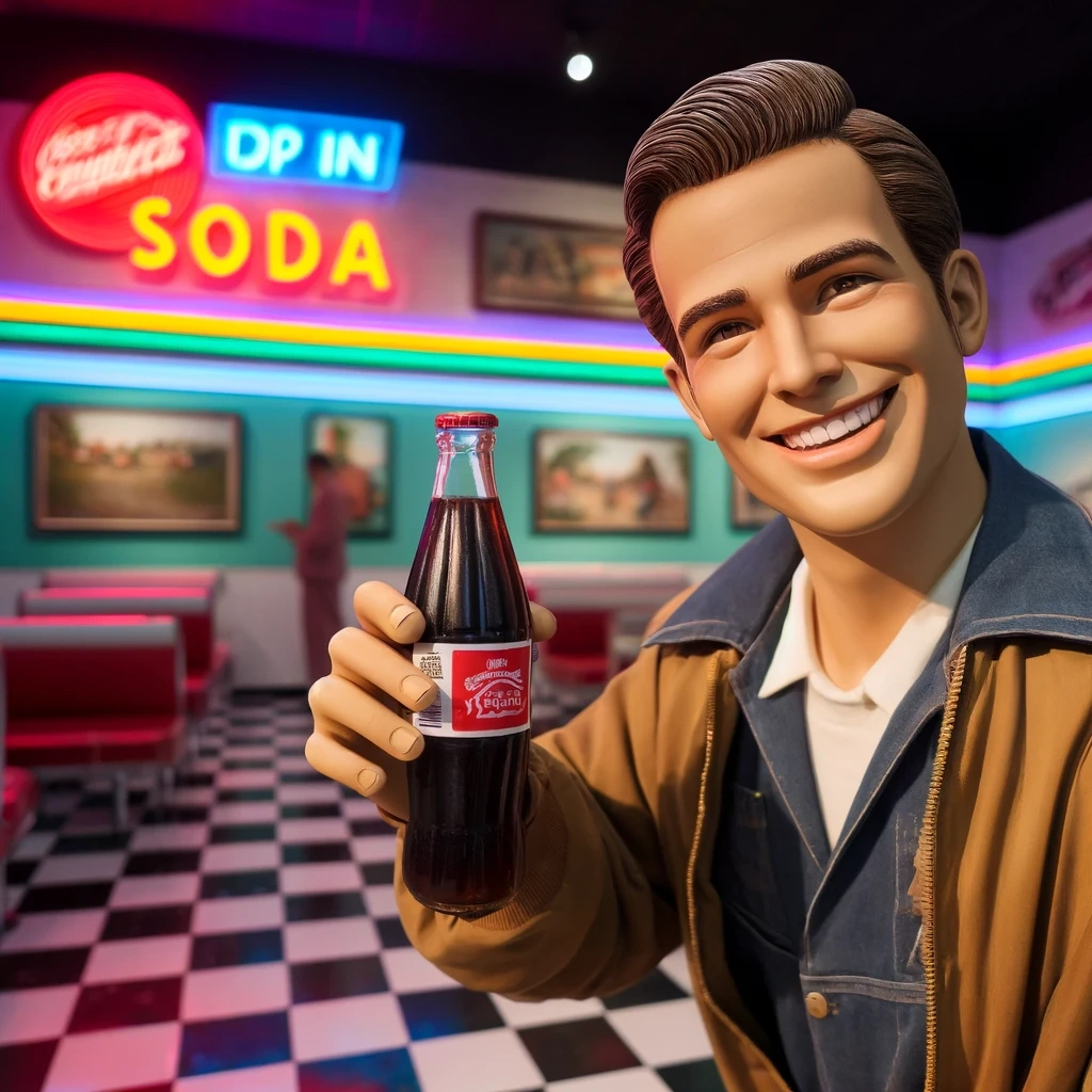 DALL·E 2024-06-11 09.37.33 - A lifelike image of a person drinking a soft drink in a 1950s retro ad style.png.webp