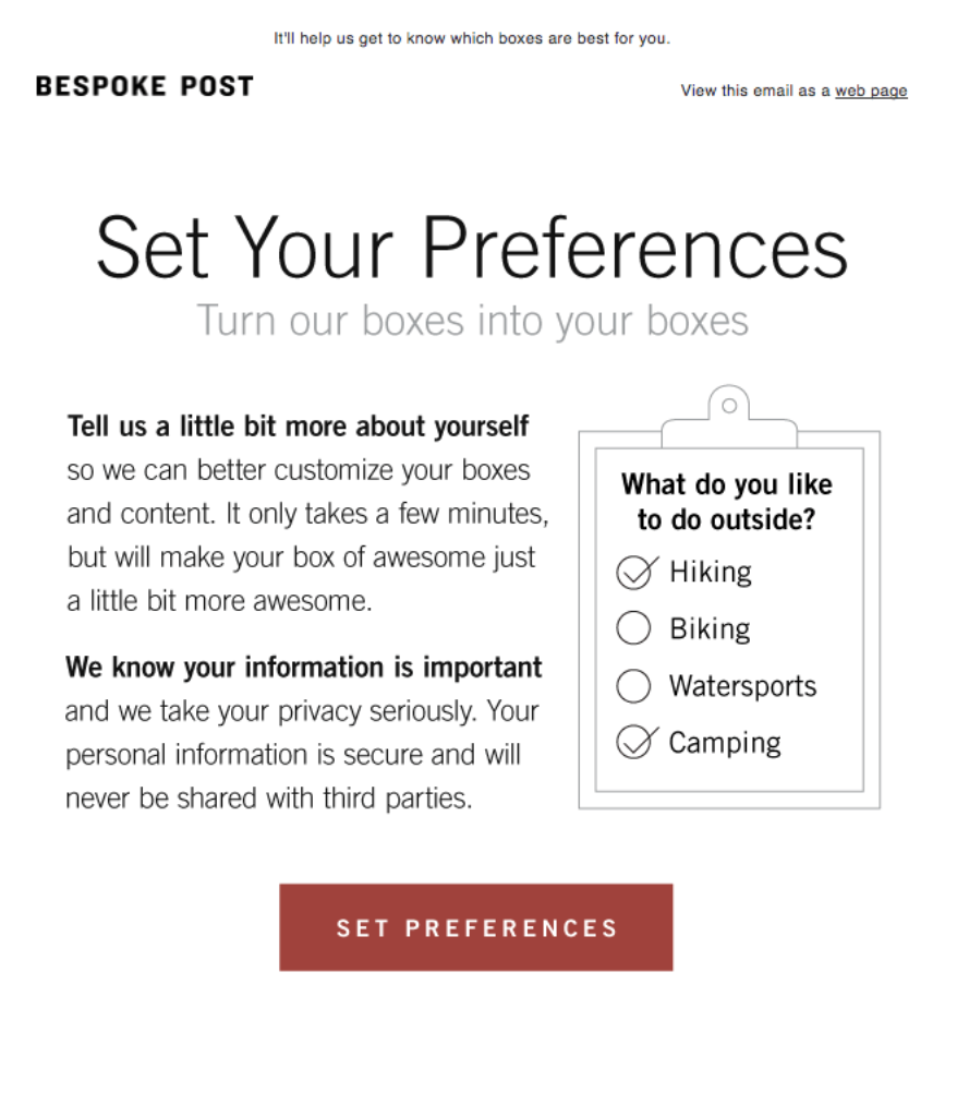 Bespoke Post email asking customers to set their preferences.