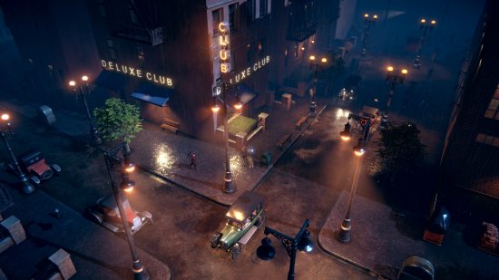 Best tycoon games: Chicago at night, characterized by hansom cabs, dim streetlights and a deluxe nightclub with neon signage in Empire of Sin.