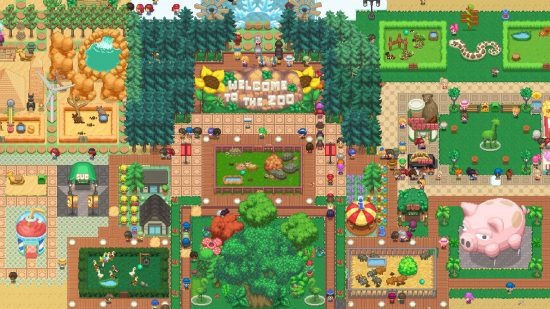 An overhead view of a zoo in Let's Build a Zoo, characterized by colorful foliague, animal enclosures, and plenty of attractions in one of the best tycoon games.