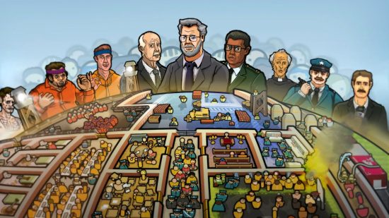 Best tycoon games: The warden in Prison Architect overlooking a functional prison design, flanked by major NPCs in the tycoon management game, including a lawyer, priest, and prisoners.
