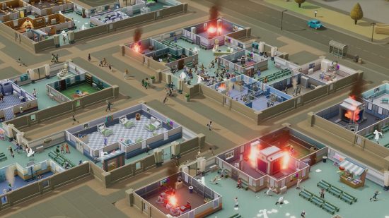 Best tycoon games: A hospital that's descended into chaos, characterized by numerous fires and an amalgamation of spillages and rubbish while patients and doctors alike rush for the exits in Two Point Hospital.