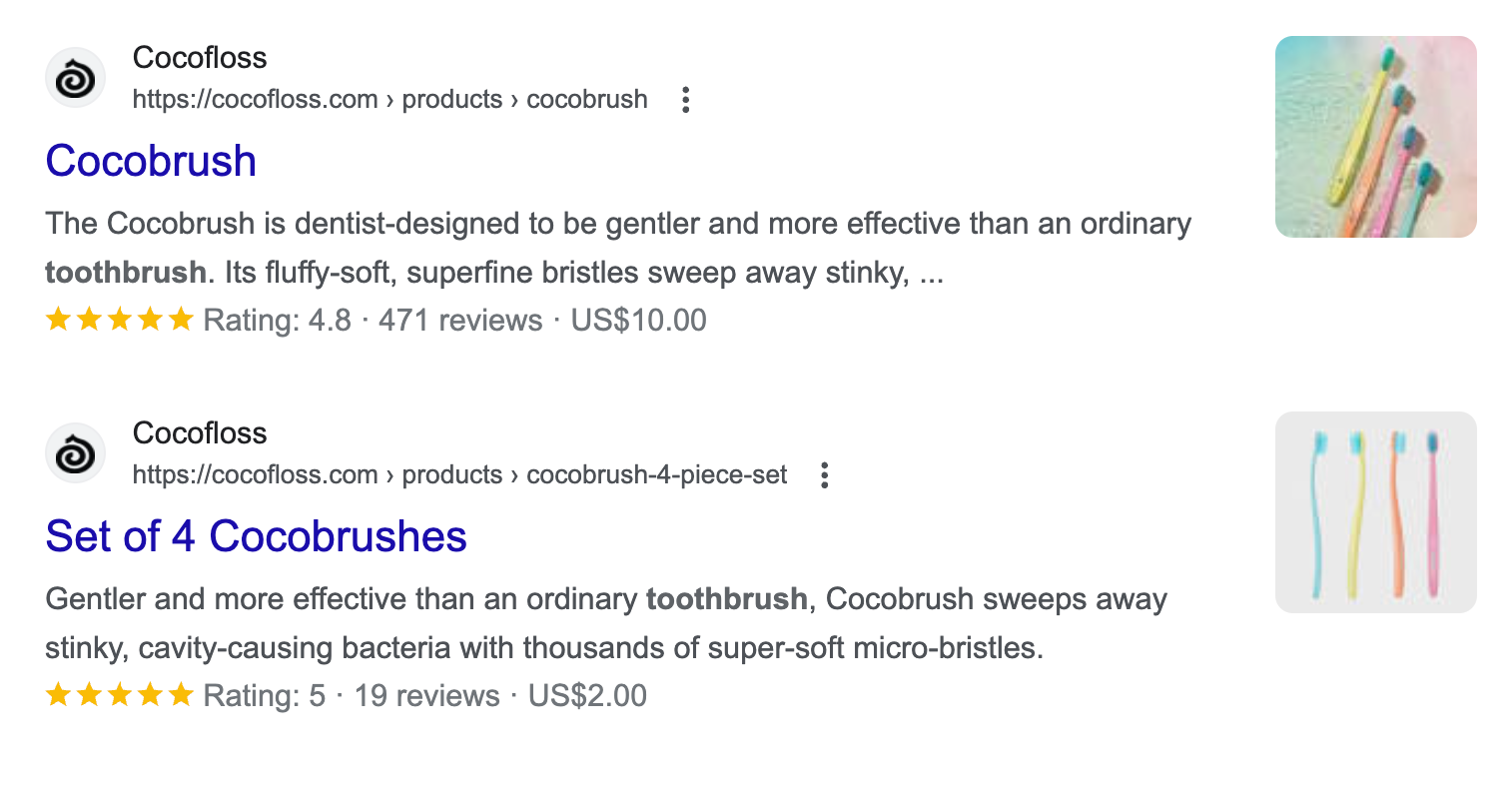 Two Google SERPs from brand Cocofloss