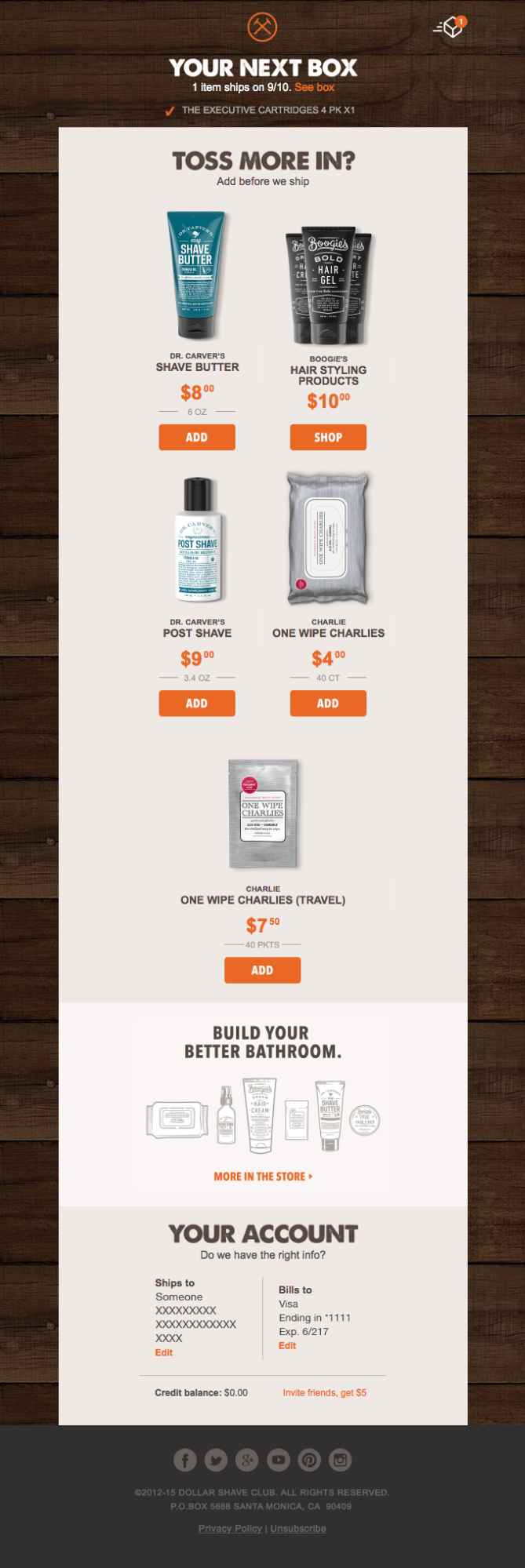 A cross-sell email from Dollar Shave Club promoting five additional products.