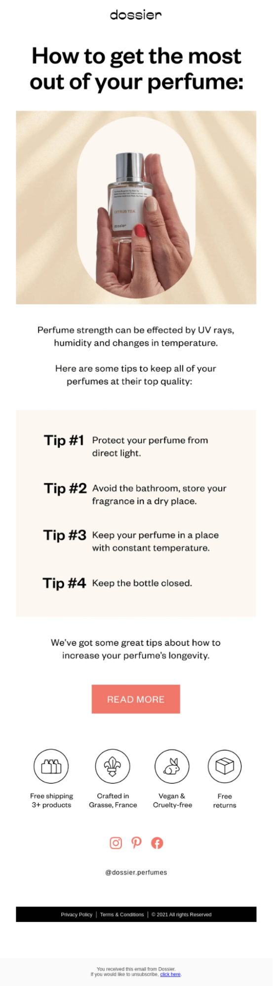 Dossier email sharing four tips for new shoppers on how to get the most out of their perfume purchase.
