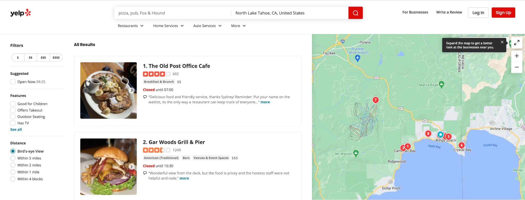 Yelp search results for businesses in North Lake Tahoe.