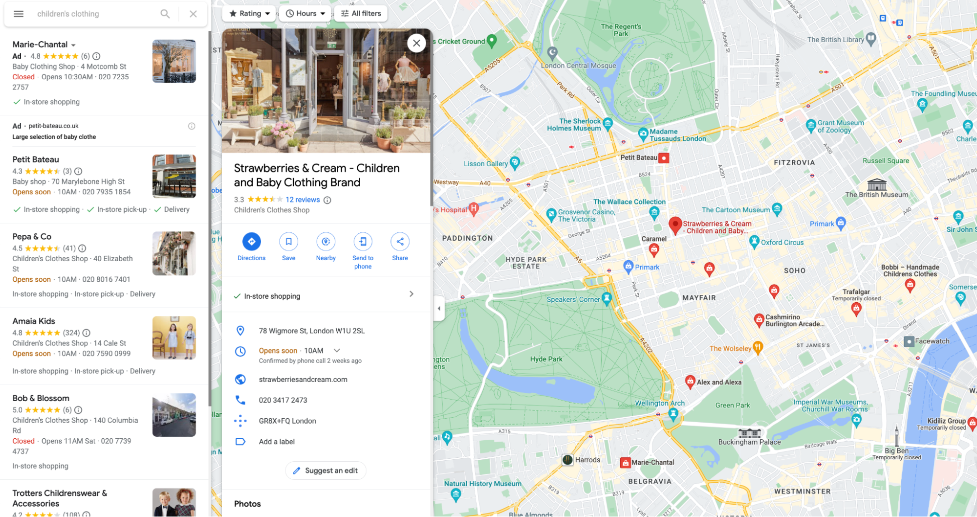 Google Maps results for “children’s clothing” showing a retailer in London.