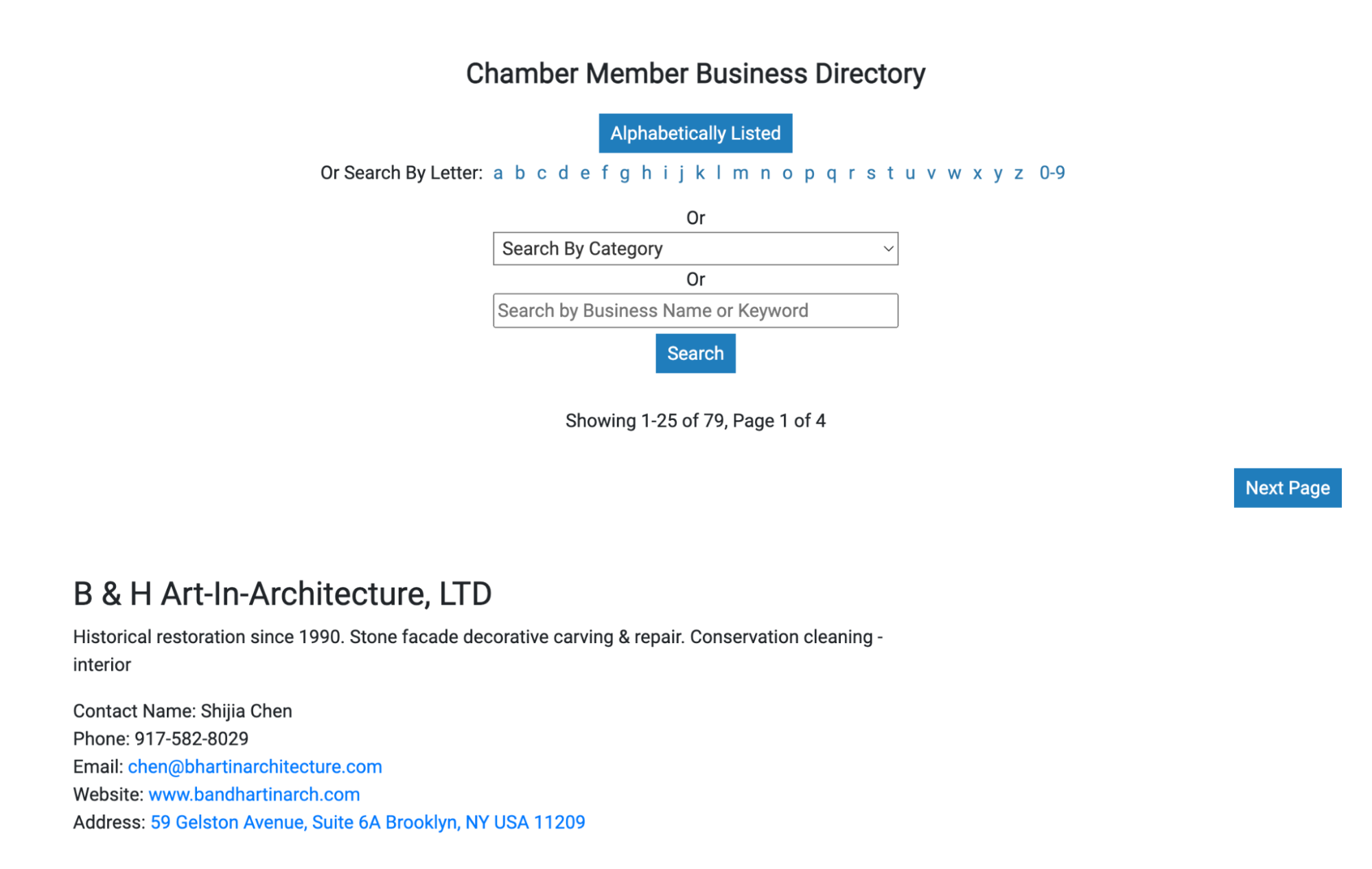 Chamber of Commerce’s NYC business directory showing a local architecture firm.