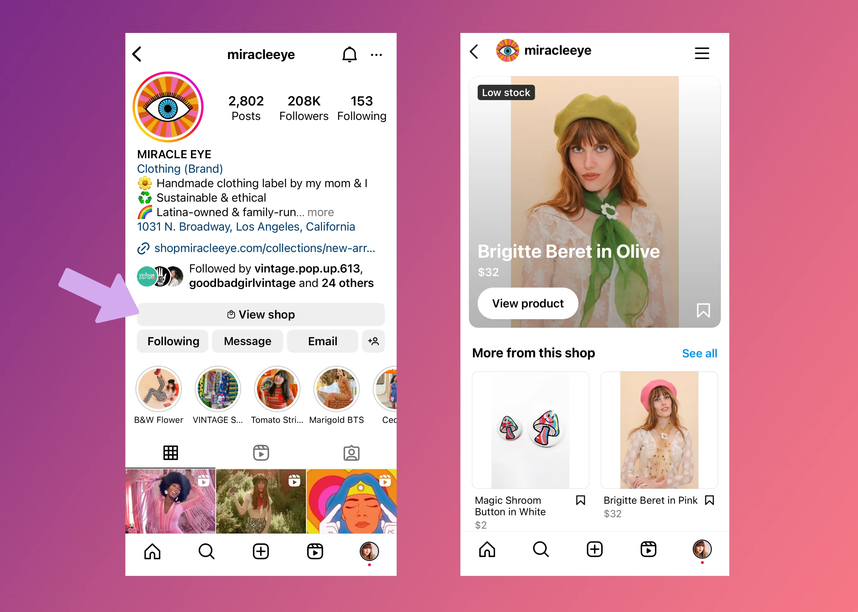 Side by side mobile view of Instagram Shop features form Miracle Eye