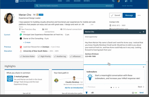 LinkedIn Sales Navigator home page with profile and highlights