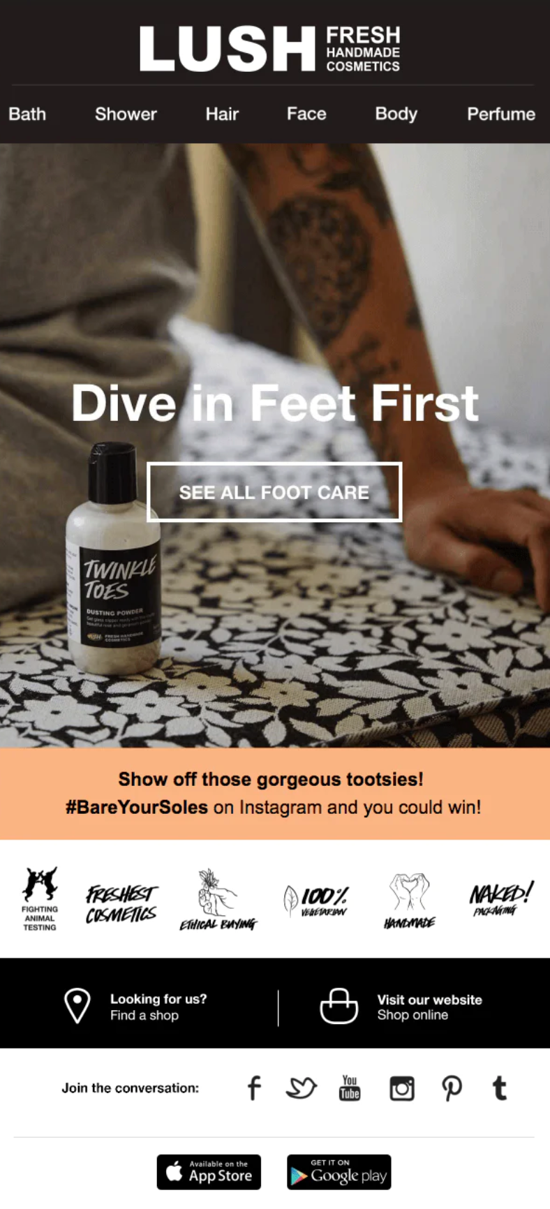 Lush email encouraging customers to share an image using the branded hashtag #BareYourSoles.