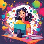 girl at a computer with bright colors surrounding her