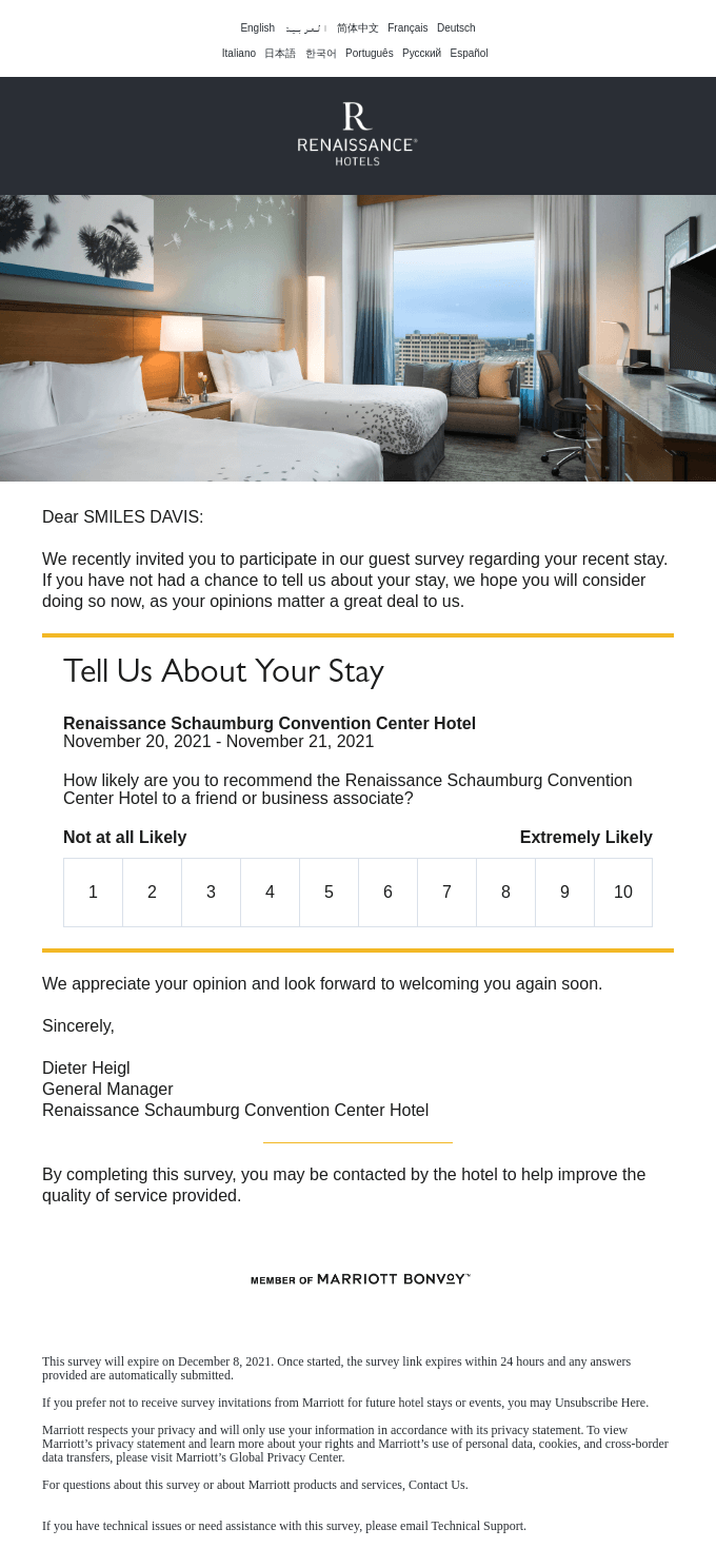 Marriott’'s customer feedback email asks customers to rate their experience from one to 10.