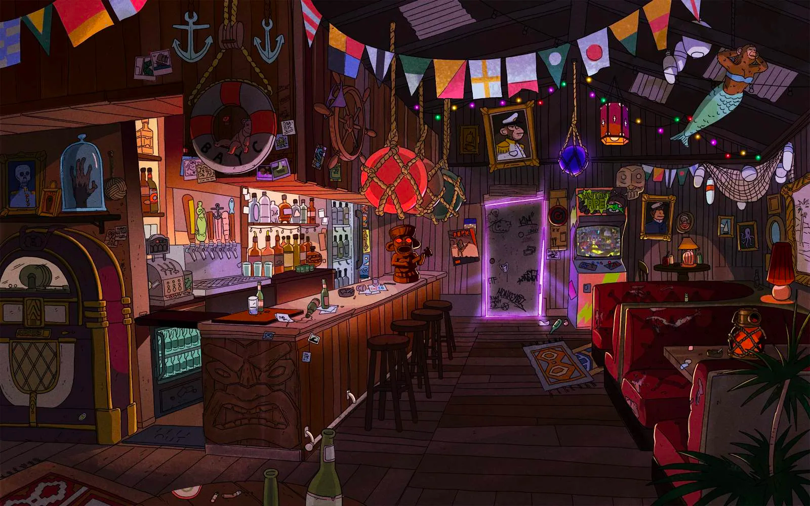 Illustration of a nautical-themed dive bar with fishing nets, anchors, and buoys