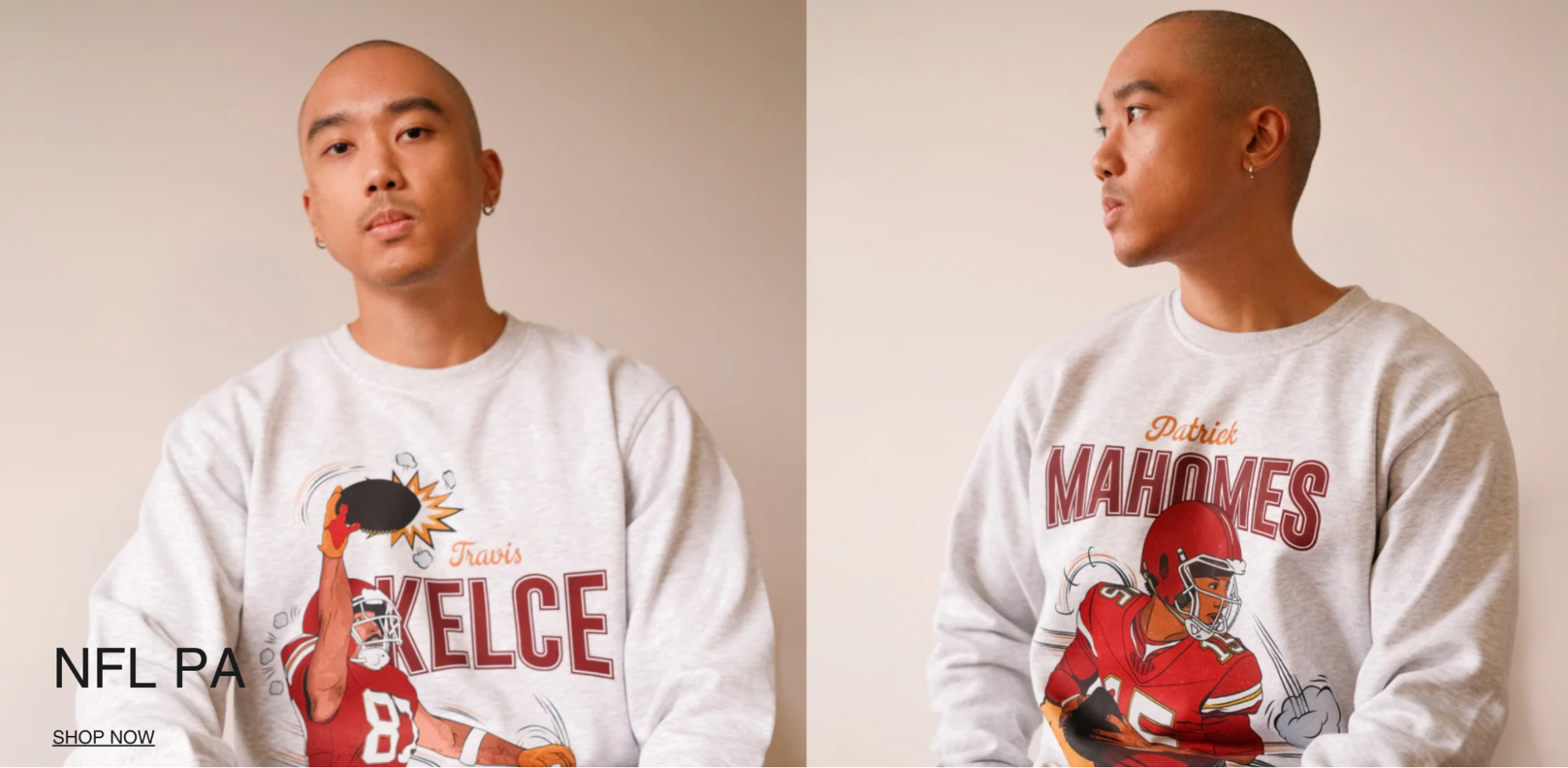A model wears two Peace Collective sweatshirts featuring Kansas City Chiefs graphics