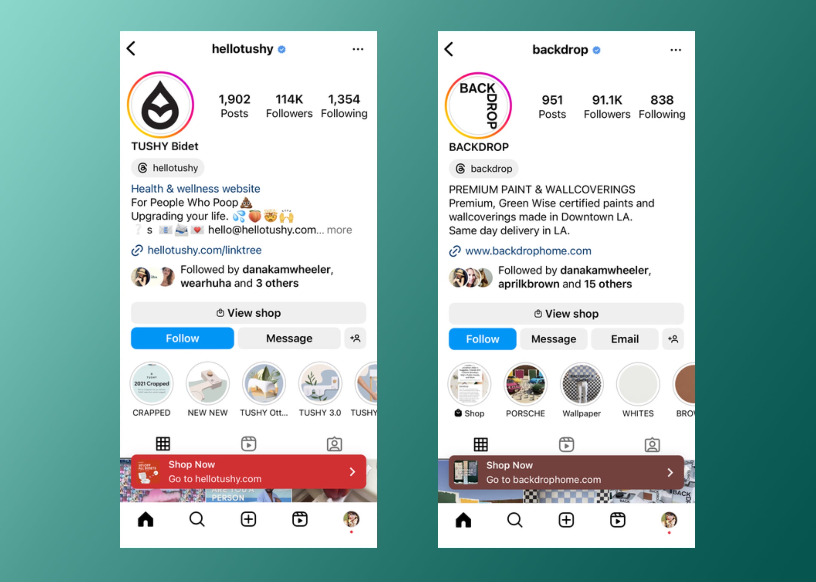 Two mobile views of Instagram profiles