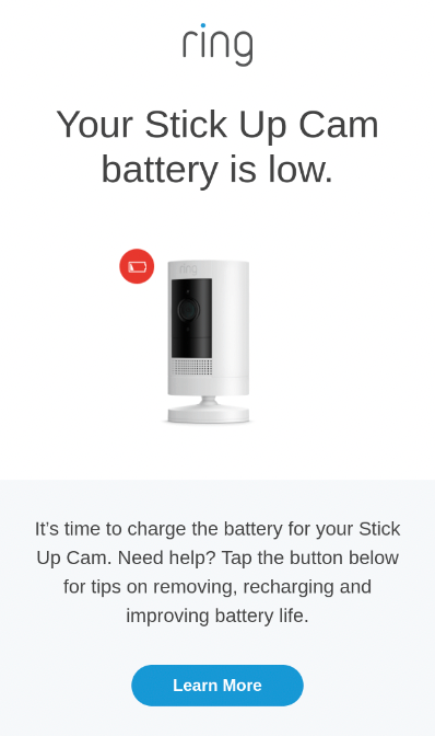 “Battery is low” email from Ring to remind customers to charge their device.