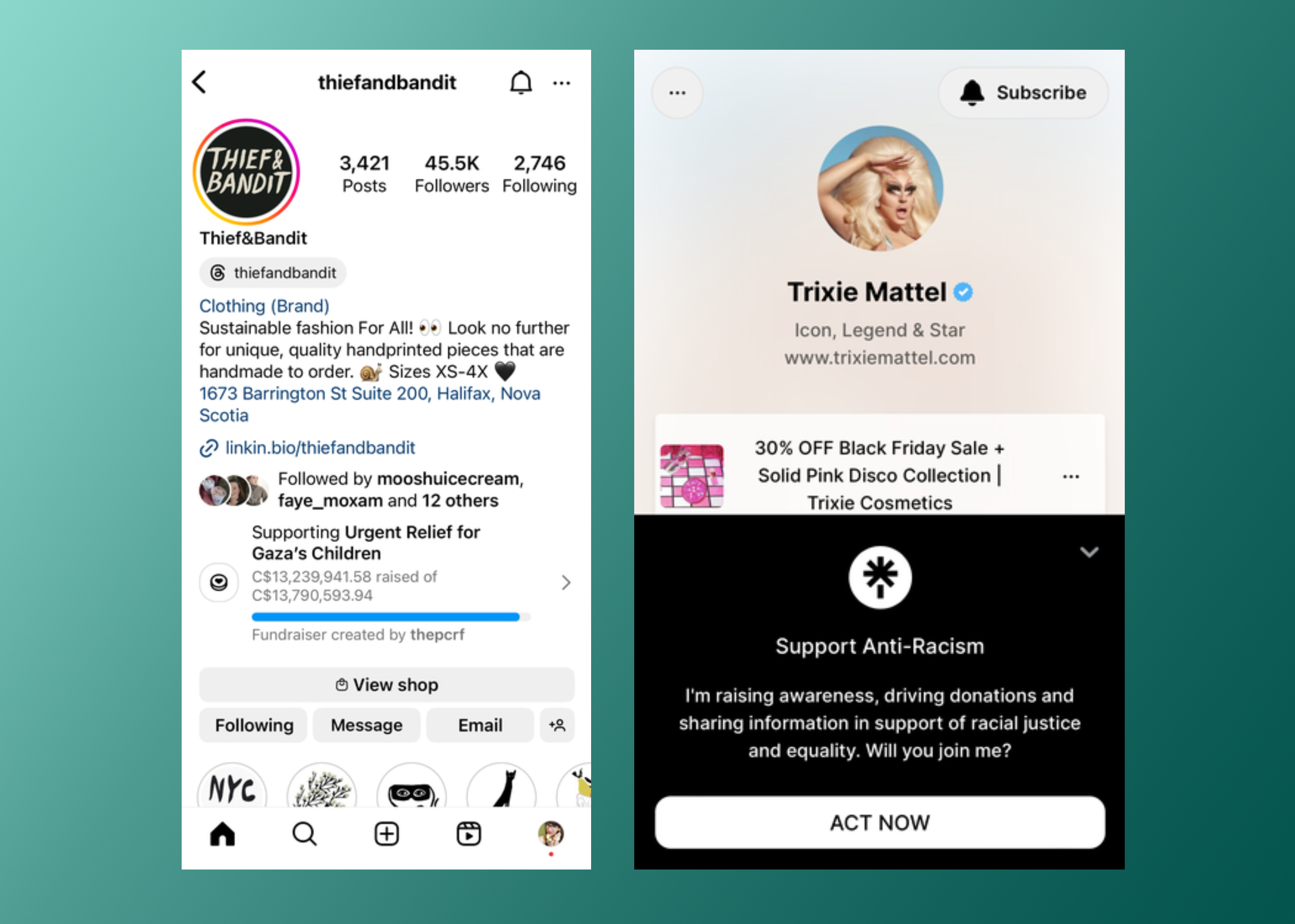 Mobile view of two Instagram profiles by Thief & Bandit and Trixie Mattel