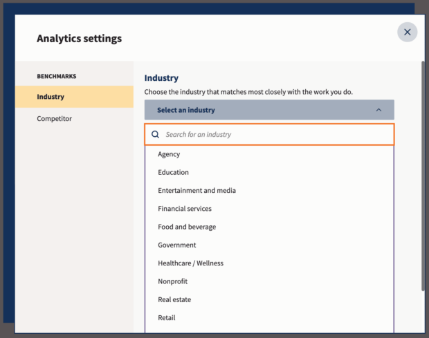 Analytics settings select an industry