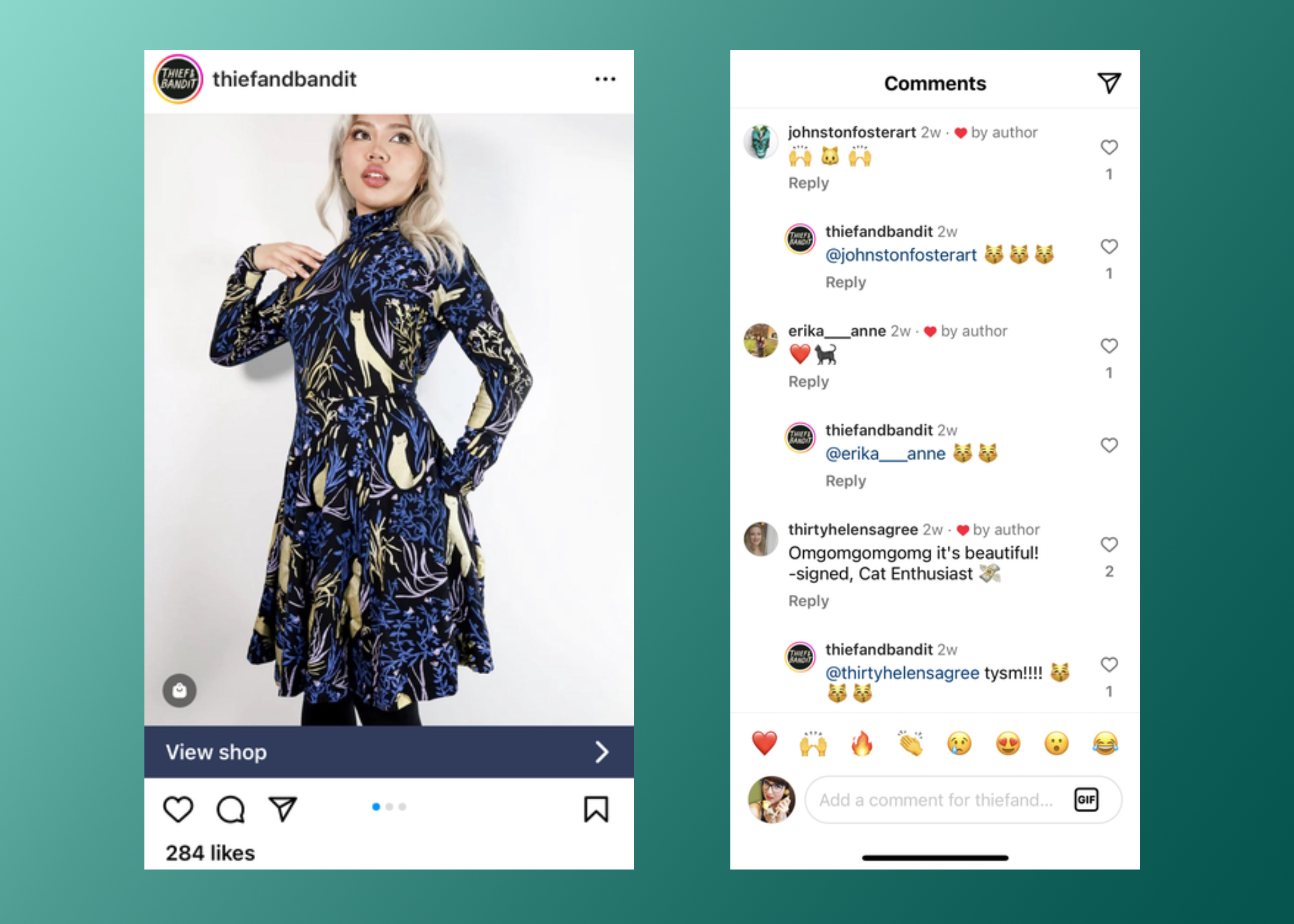 Two mobile views of an instagram post and comments by Thief & Bandit