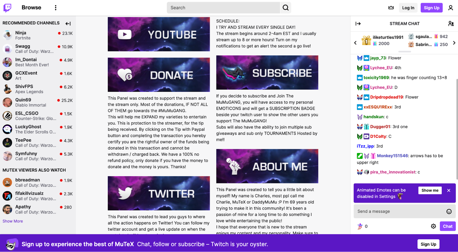 MuTex’s Twitch profile page, with panels with links to other social media and subscription and donate options.