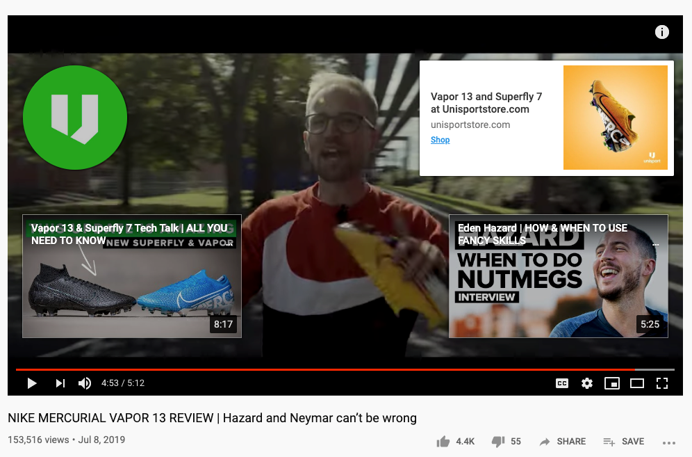 youtube cards examples in Nike shoe review video